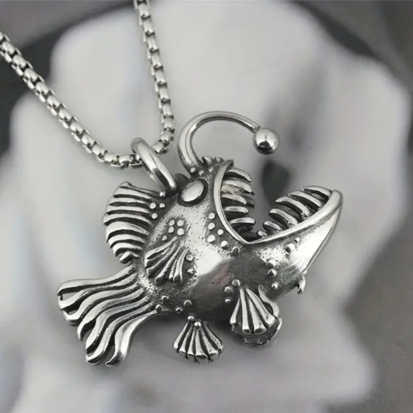 New! MEN'S Angler Fish Stainless Steel Pendant Necklace. - Picture 2 of 6